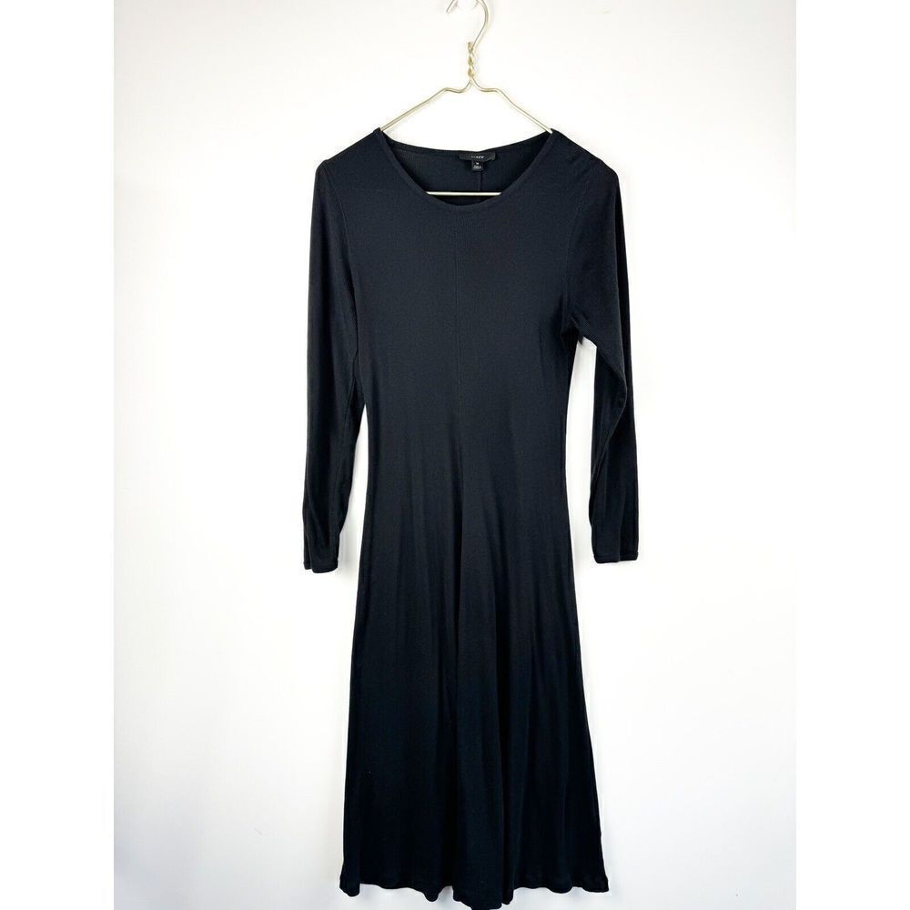 J Crew BA959 Size M Black Ribbed Knit A-Line Midi Dress Long Sleeve